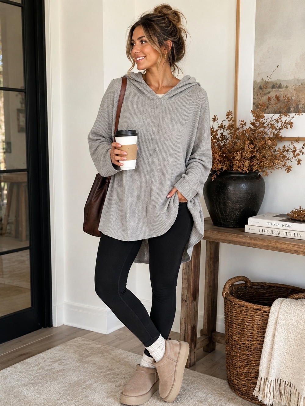 Bobi Los Angeles Gray Waffle Knit Hooded Pullover Top Size S NWT